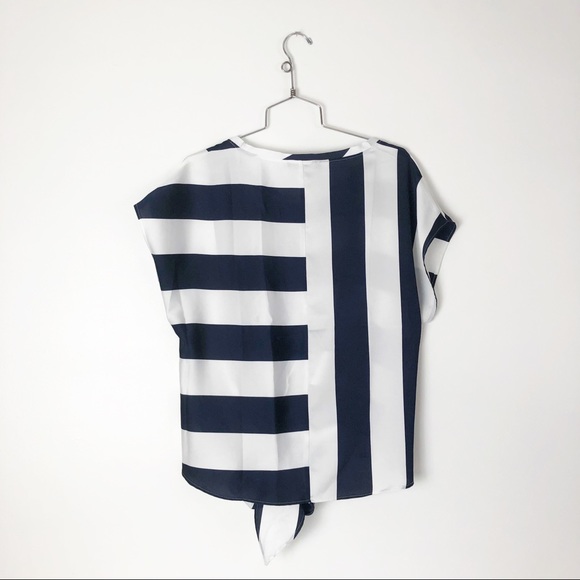 Silky tie front top striped blouse blue & white - Picture 2 of 7